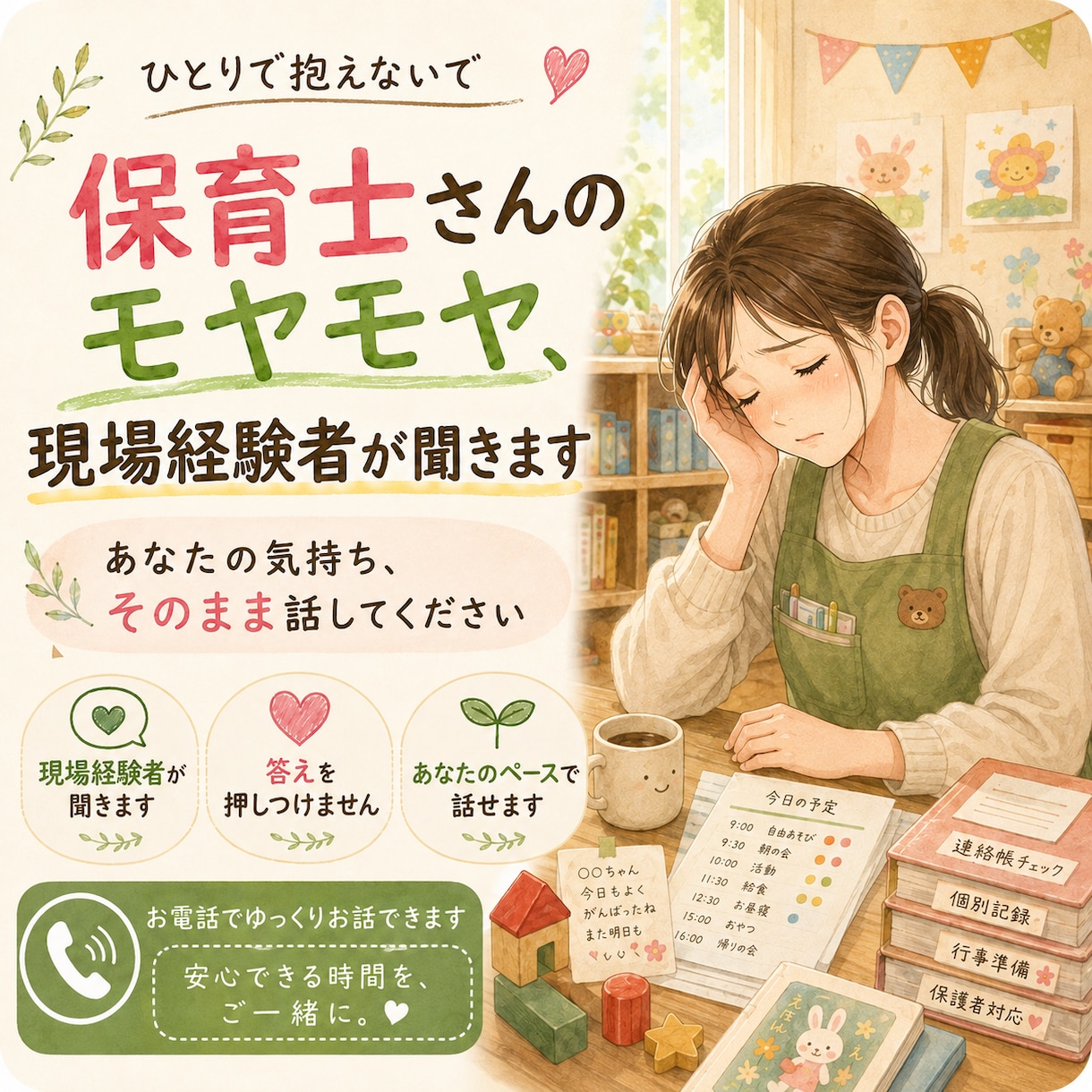 保育士さんのモヤモヤ、現場経験者がお話聞きます 今日の『しんどかった』を、そのまま話しに来てください イメージ1