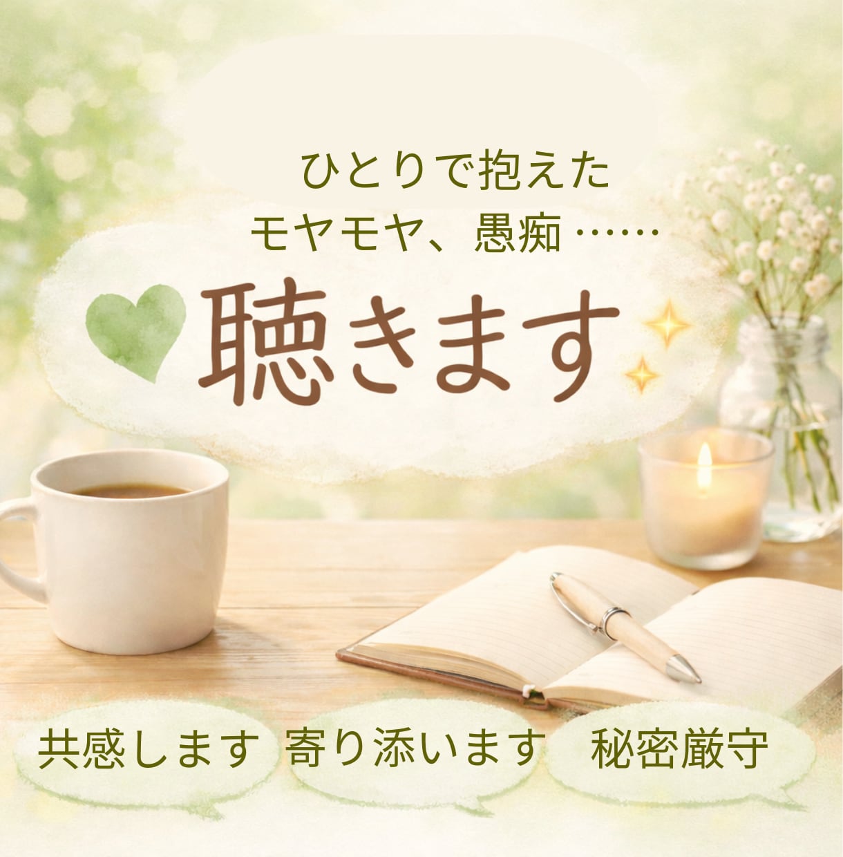 愚痴聞き・話し相手／否定せず聴きます 結論・アドバイス不要／雑談、愚痴、相談もOK！共感で聴きます イメージ1