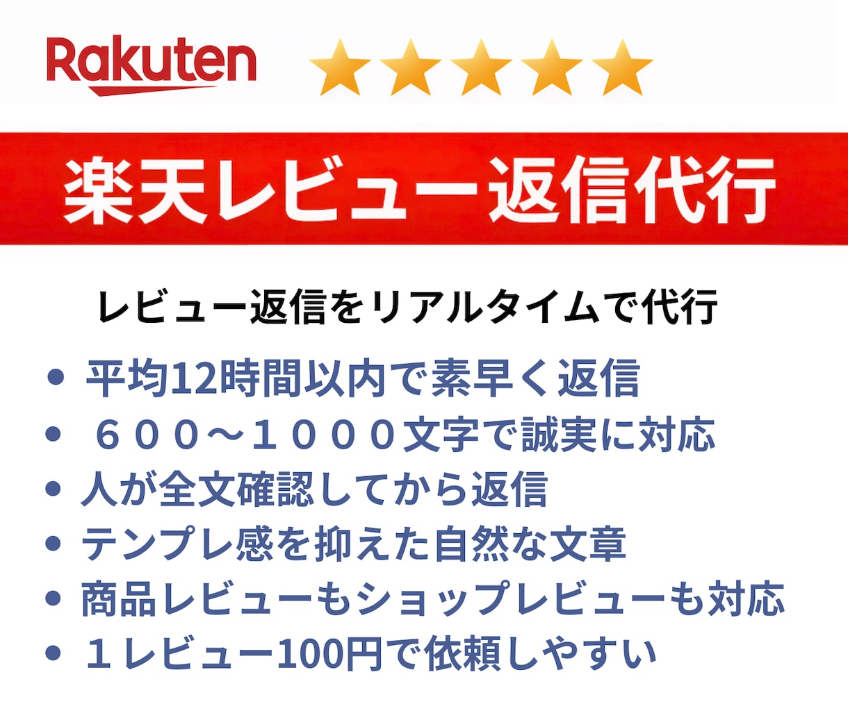 面倒な楽天レビュー返信を楽天のプロが迅速代行します 『年中無休』『平均12時間』で返信し、店舗の価値を上げます♪ イメージ1