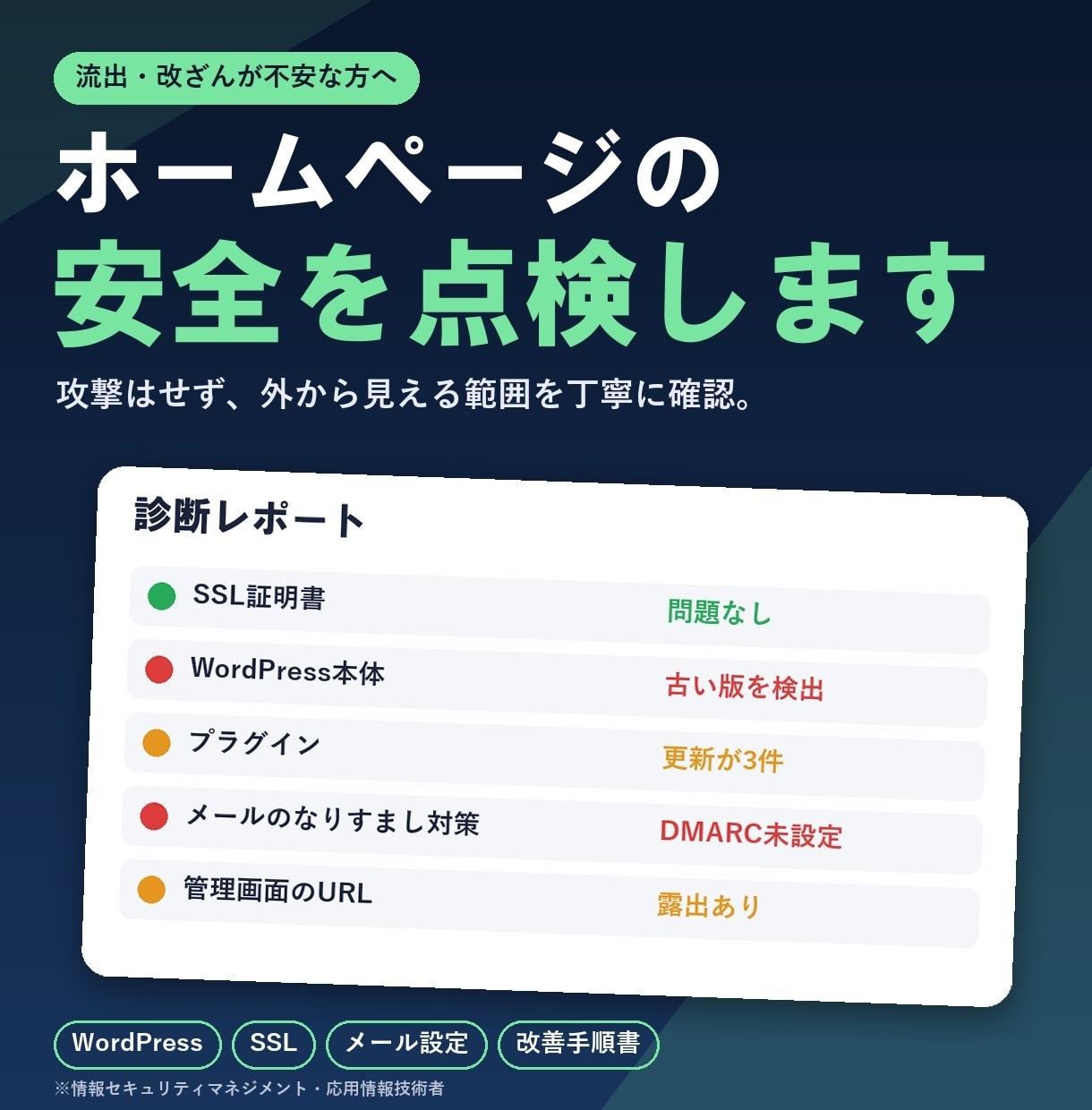 サイトの安全を外から点検し、直し方をお伝えします 攻撃はせず外から見える範囲を点検。危険度つきで報告 イメージ1
