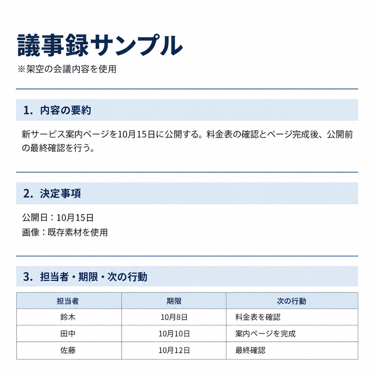 AI×人の確認で会議音声を議事録にします 要約・決定事項・担当者・期限・次の行動まで見やすく整理 イメージ2