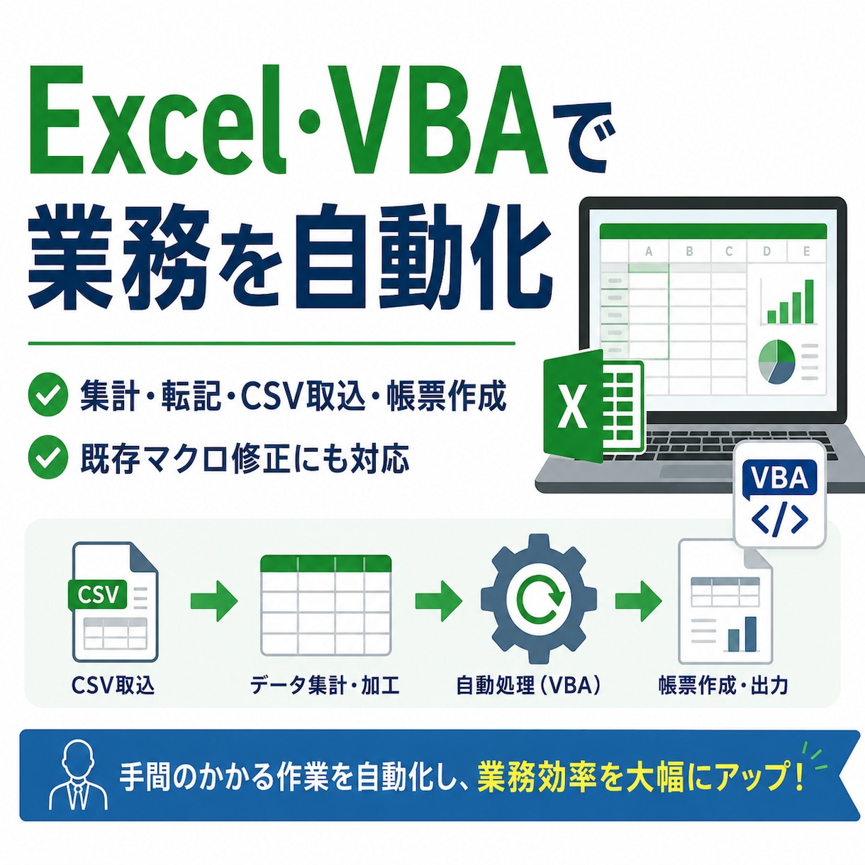 Excelマクロ・VBAで手作業を自動化します 集計・転記・CSV取込・帳票作成などに対応します イメージ1