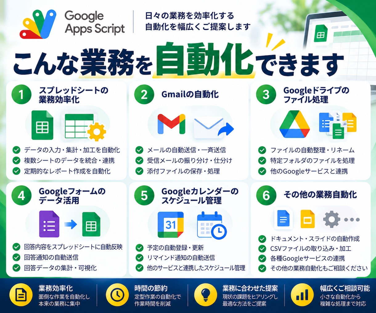GASでスプレッドシート業務を自動化します 面倒な転記・集計・通知などを自動化！まずはご相談ください イメージ2