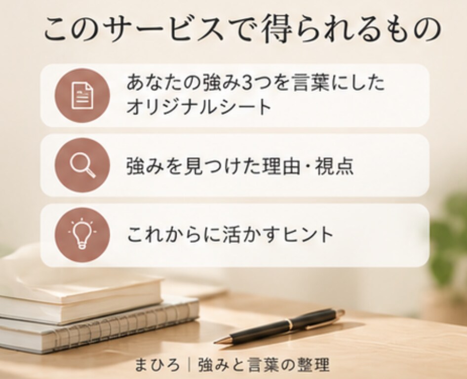 私には強みがない!!を一緒に整理します 当たり前にやってきた日常から、あなたの強み3つを言語化します イメージ3