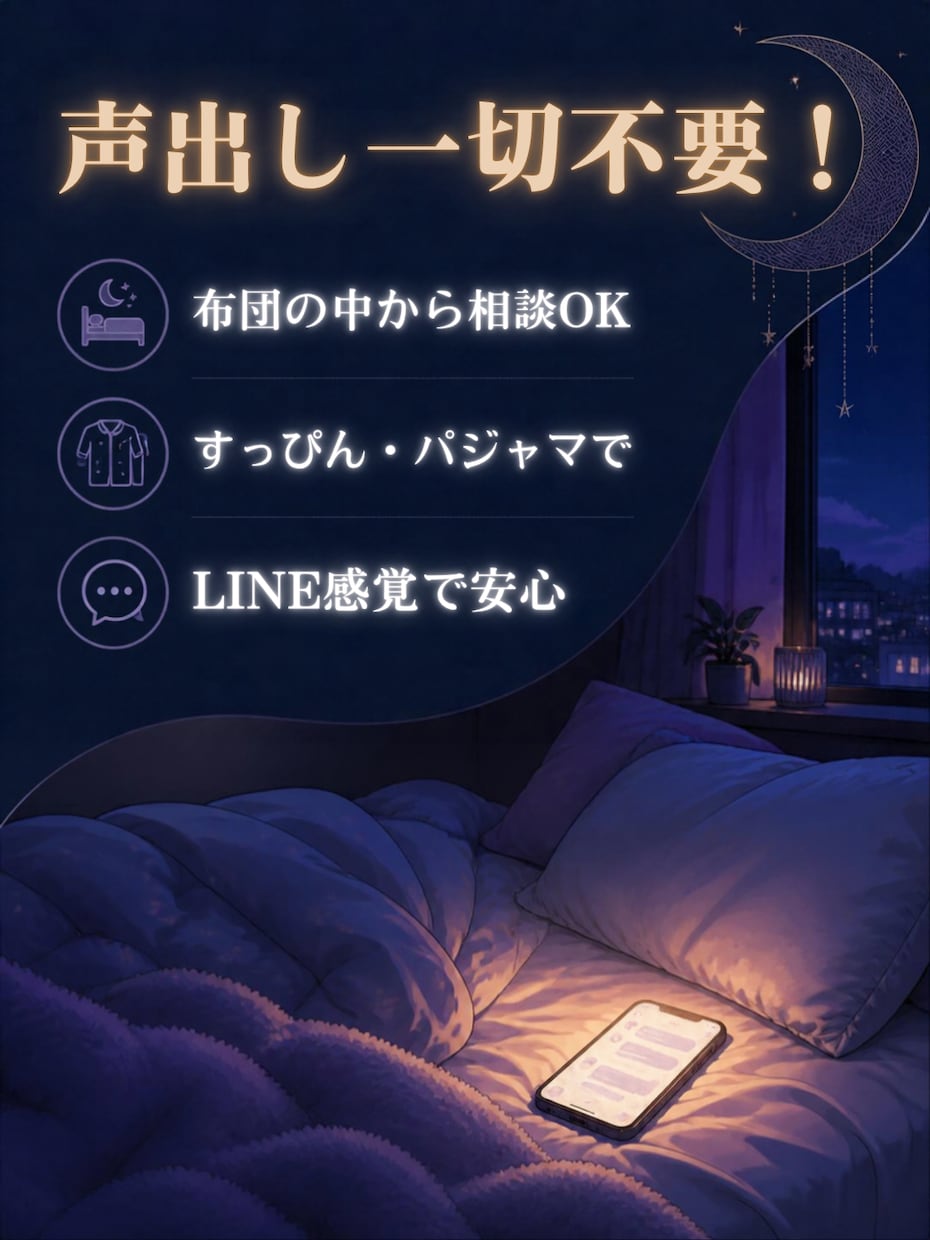 深夜のモヤモヤ、育児から恋愛まで何でも聞きます 【深夜の即レス対応】完全テキストでこっそり相談できます。 イメージ3