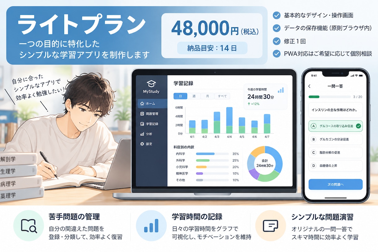 ライト：医師国試に使える学習アプリを作ります 弱点に合わせオーダーメイド。手が止まる日も続けられる学習補助 イメージ1