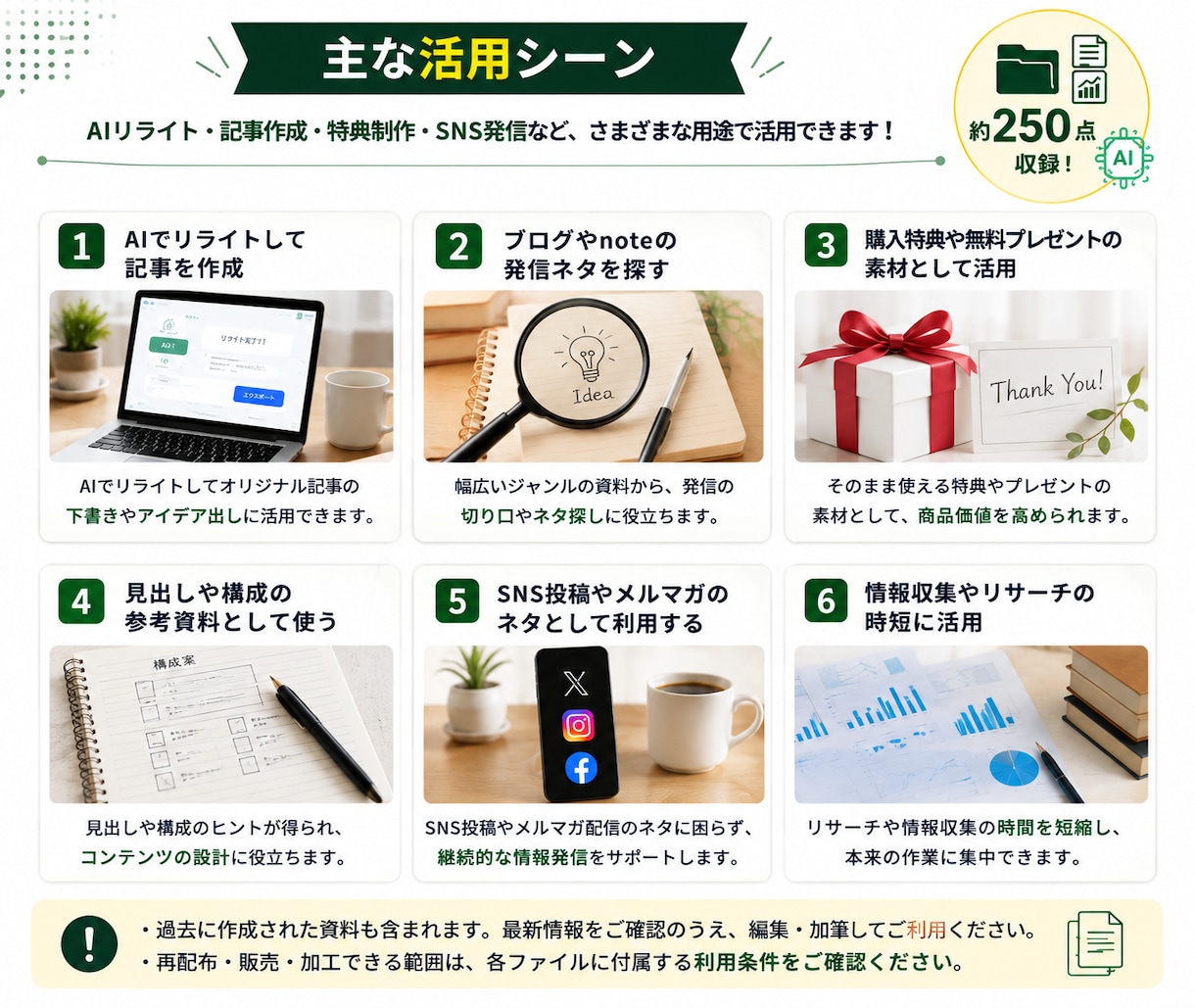 AIで活用できる再配布権付資料250点を提供します 記事・特典・SNS投稿に使える実用資料集です イメージ3