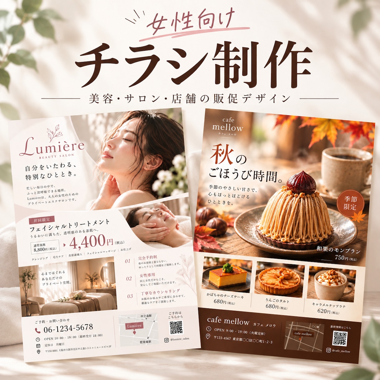 女性向けのおしゃれなチラシを制作します 美容・サロン・店舗向け｜上品で伝わるデザイン イメージ1