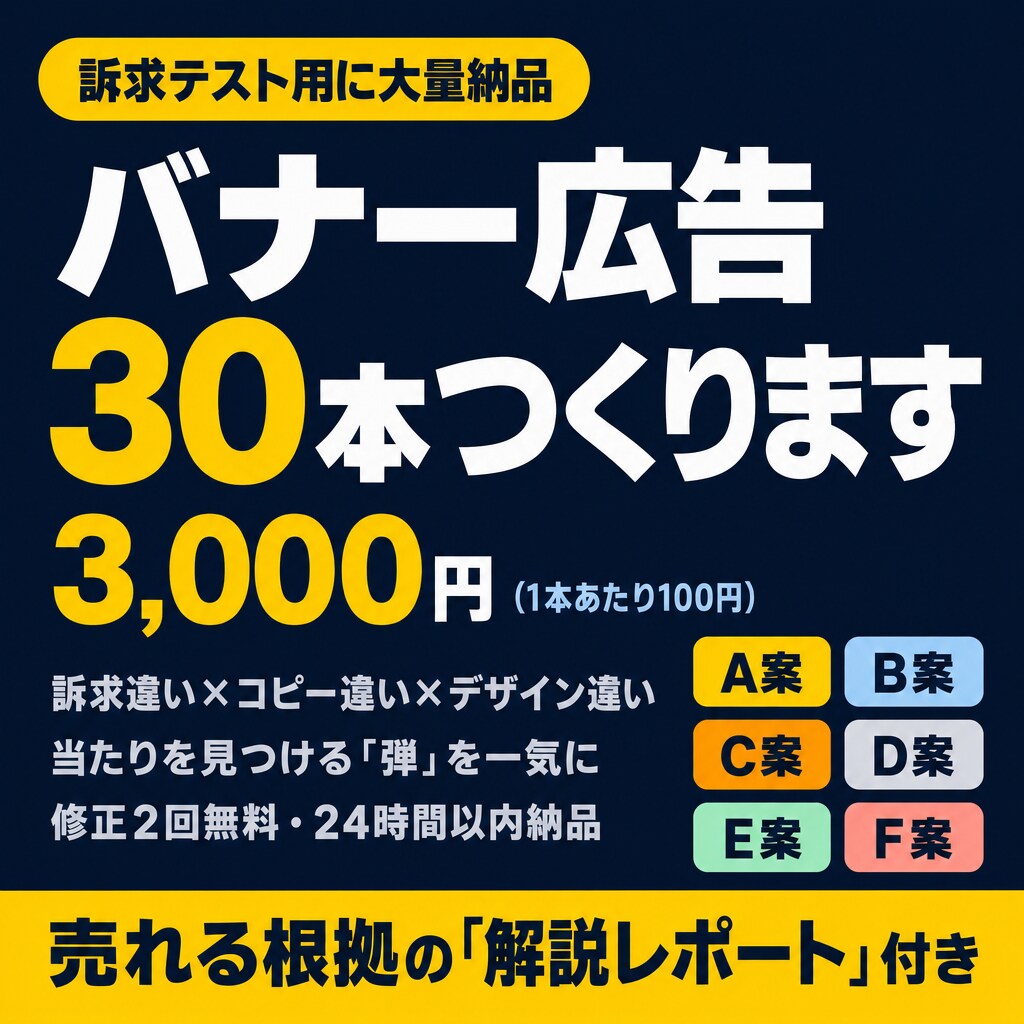 バナー広告を30本3,000円で制作します 1本100円。売れる根拠の解説レポート付き イメージ1