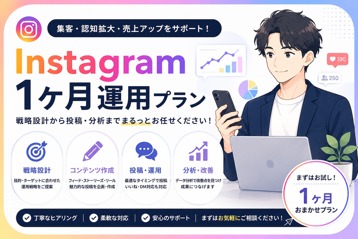 1ヶ月　Instagram運用代行、投稿代行します 丁寧な設計と実践力で、伸びる運用を伴走します イメージ1