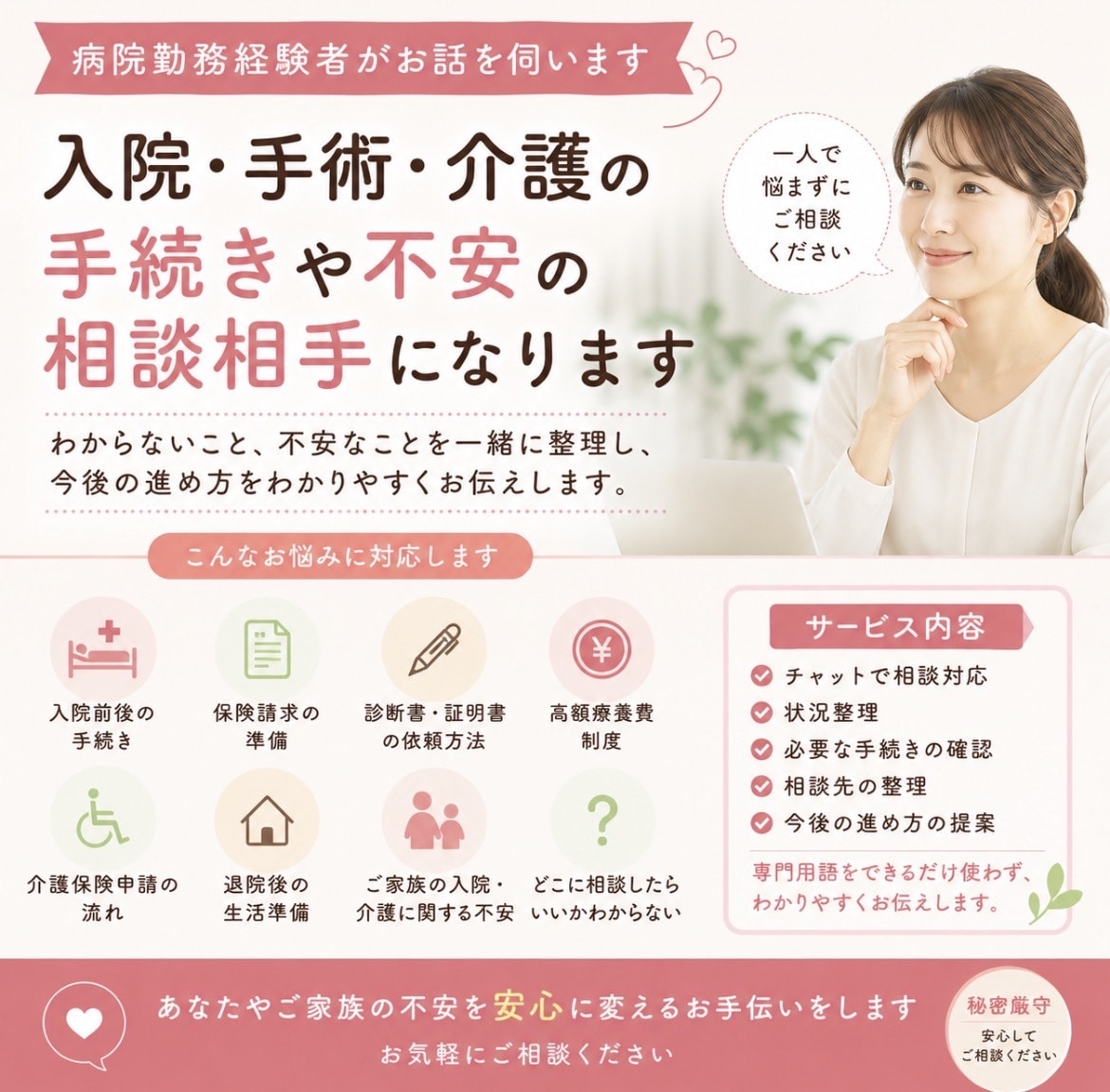 入院・手術・介護の手続きで困っていませんか？ます 手続きや制度利用の流れをわかりやすく整理するお手伝いをします イメージ1