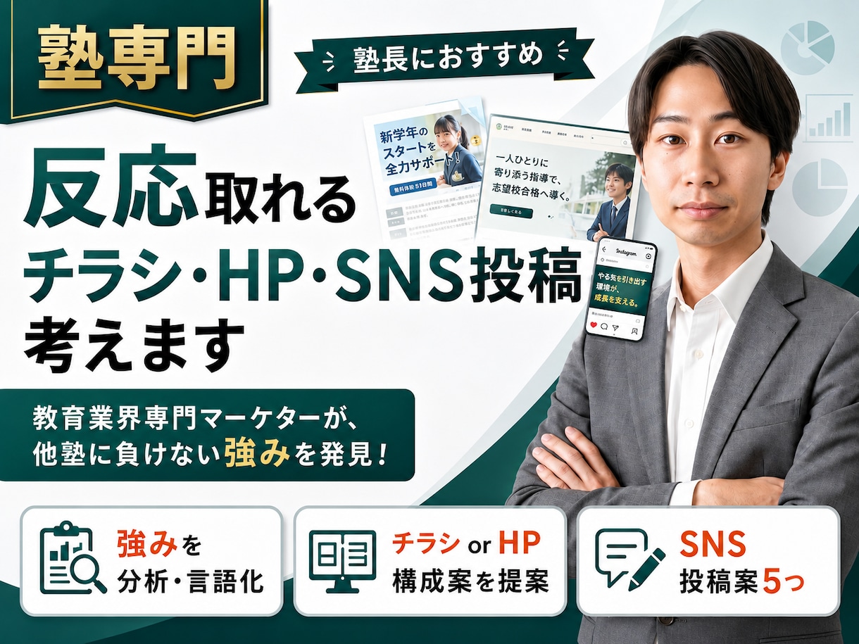 塾専門：反応取れるチラシ・HP・SNS投稿考えます 教育業界専門マーケターが、他塾に負けない強みを発見！ イメージ1