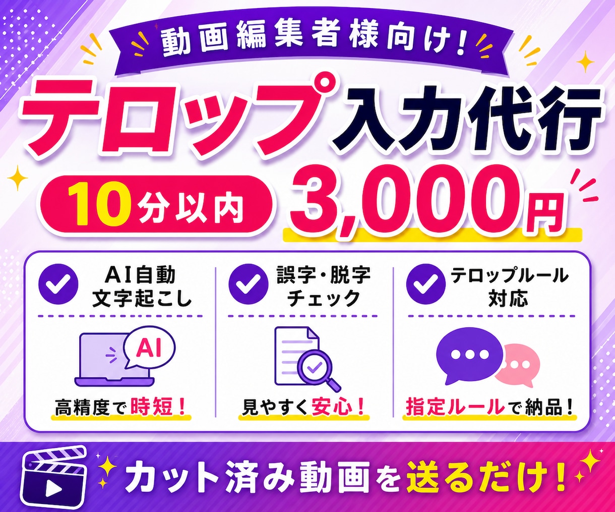 動画編集者様向け｜テロップ・字幕入力を代行します カット済み動画を送るだけ！フルテロップ対応！ イメージ1