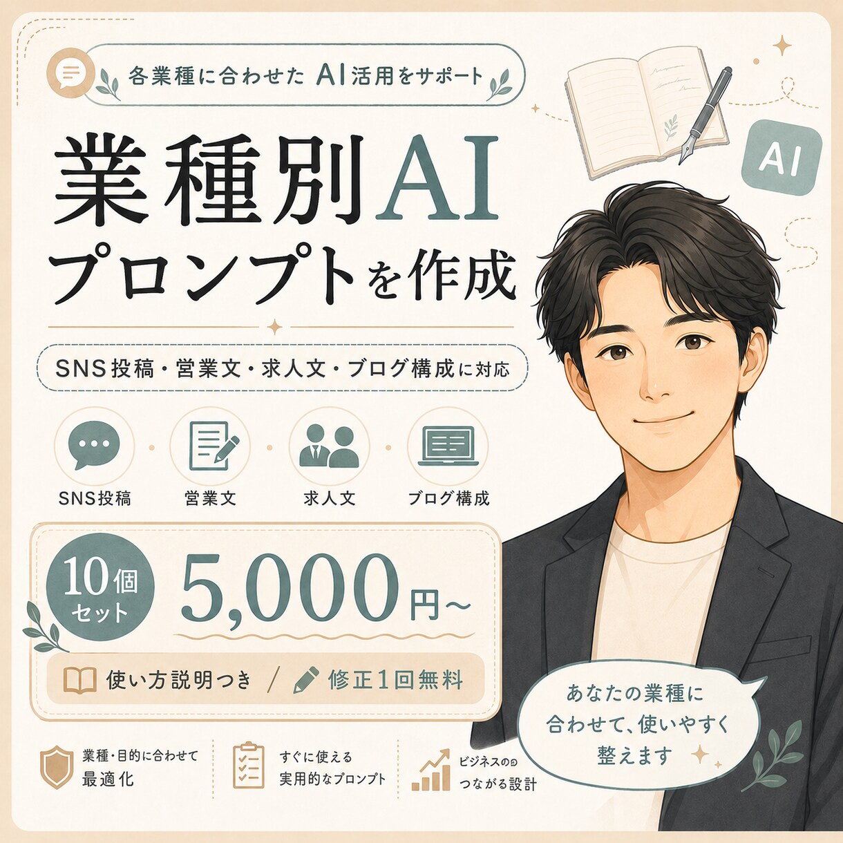 業種別AIプロンプトを作ります SNS投稿や集客文をAIで作れる形に イメージ1