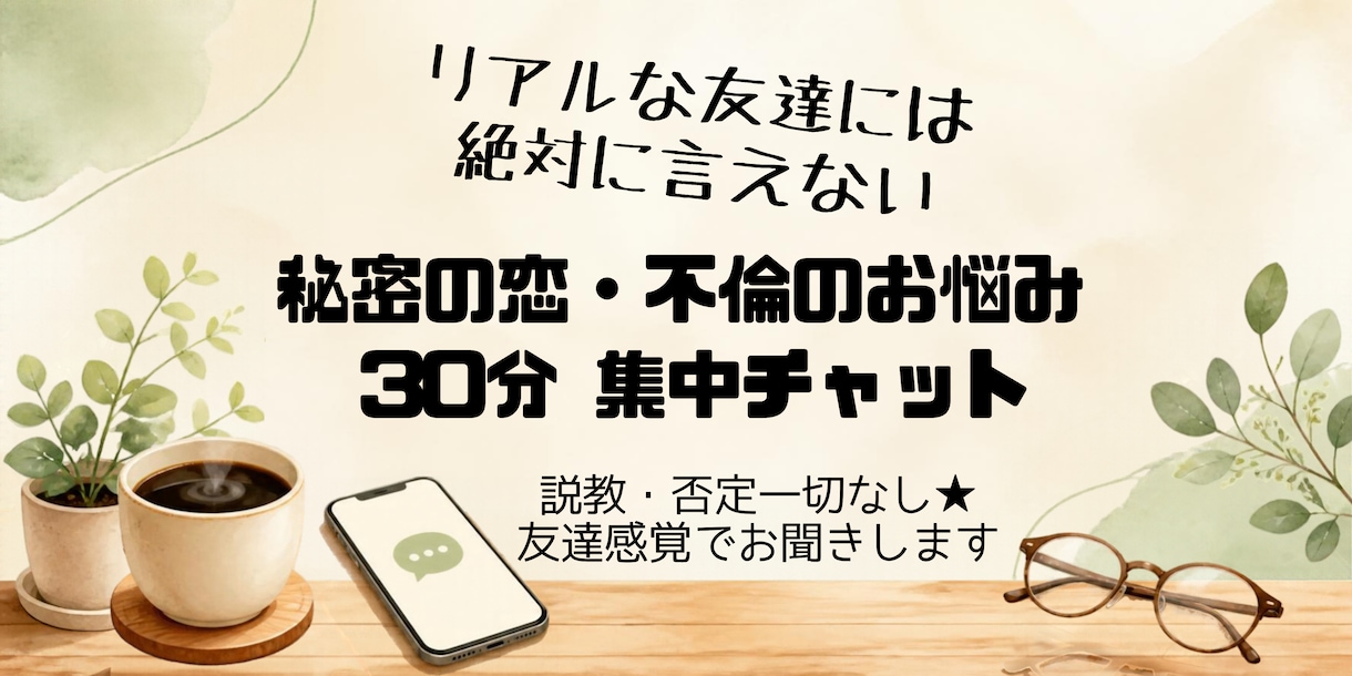 30分チャット★不倫・秘密の恋の悩み聞きます リアルの友達には言えない本音、LINE感覚でお気軽に！ イメージ1