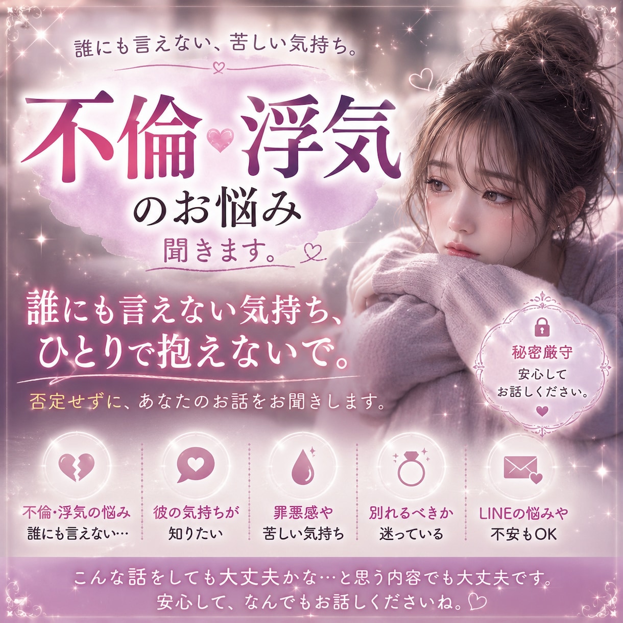 不倫・浮気のお悩み、お聞きします 不倫・浮気されたorしてしまった…否定せずお聞きします◡̈ イメージ1