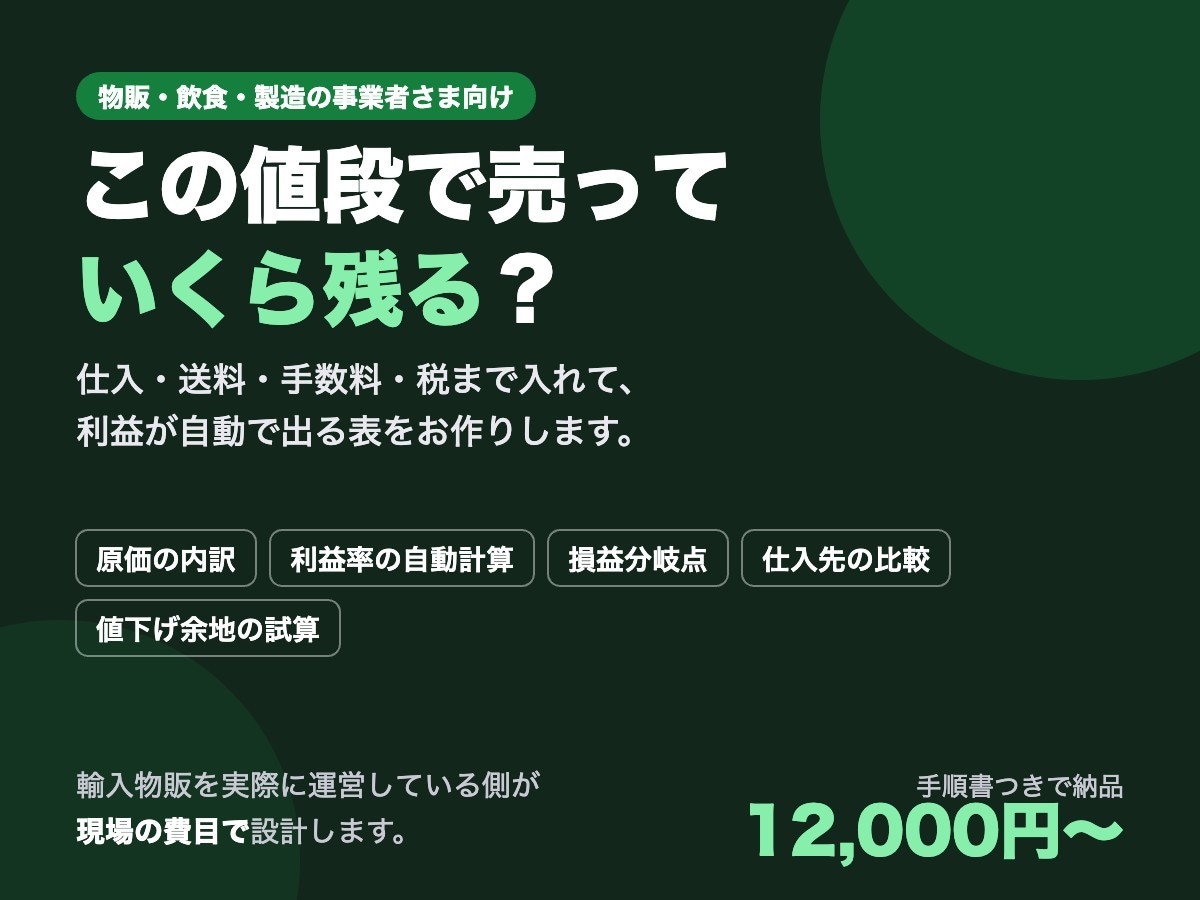 原価計算・利益シミュレーション表を作ります いくら残るかを、その場で出せる表に イメージ1