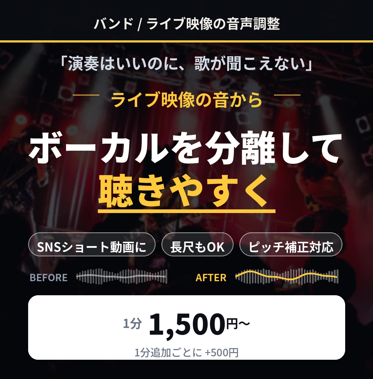 バンドのライブ映像の音を聴きやすく整えます ショート動画に最適｜ボーカル分離で1分1500円〜 イメージ1