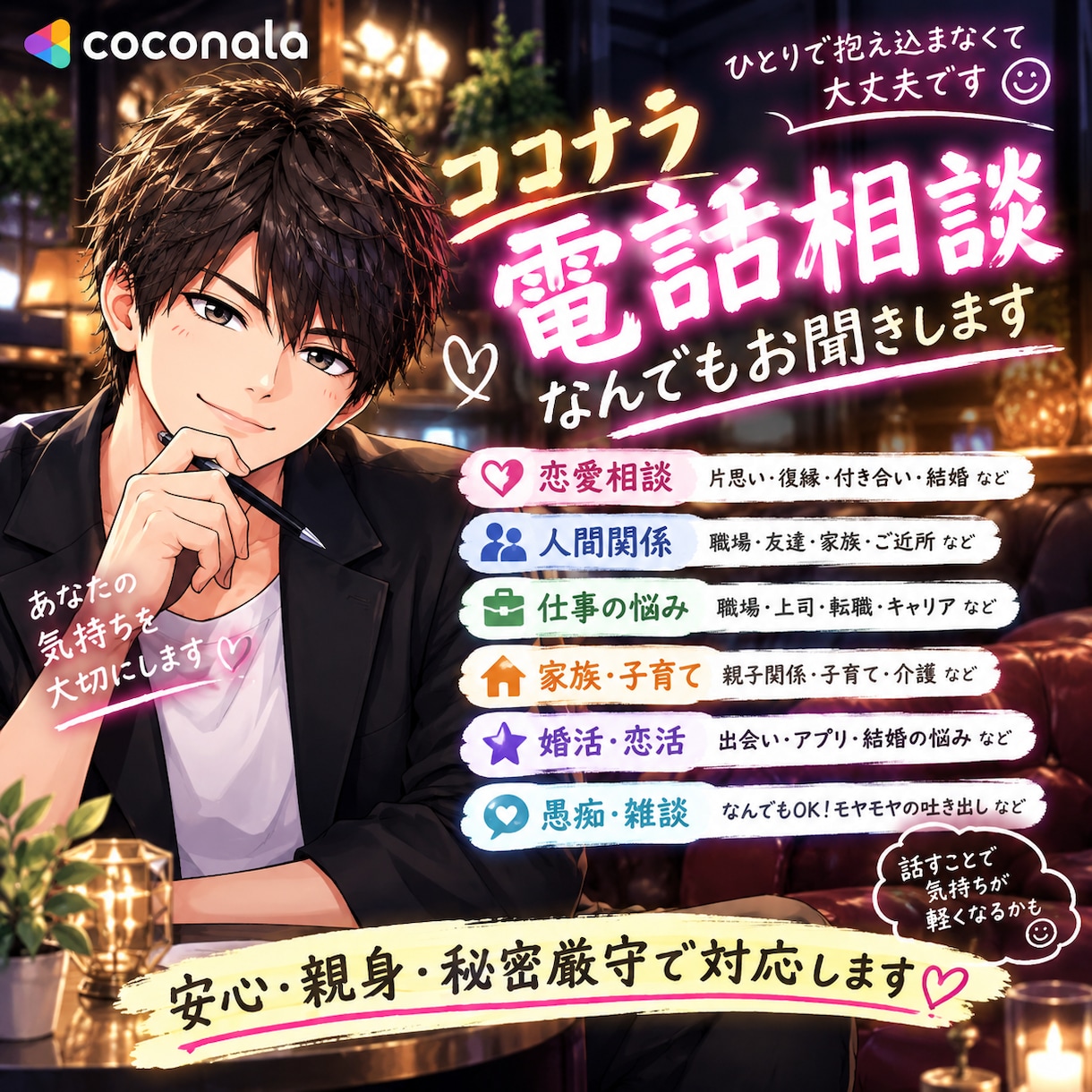 100%味方♡恋愛に関する心のモヤモヤお聞きします 友達に話す感覚でOK♡恋愛のモヤモヤを一緒に整理します イメージ1