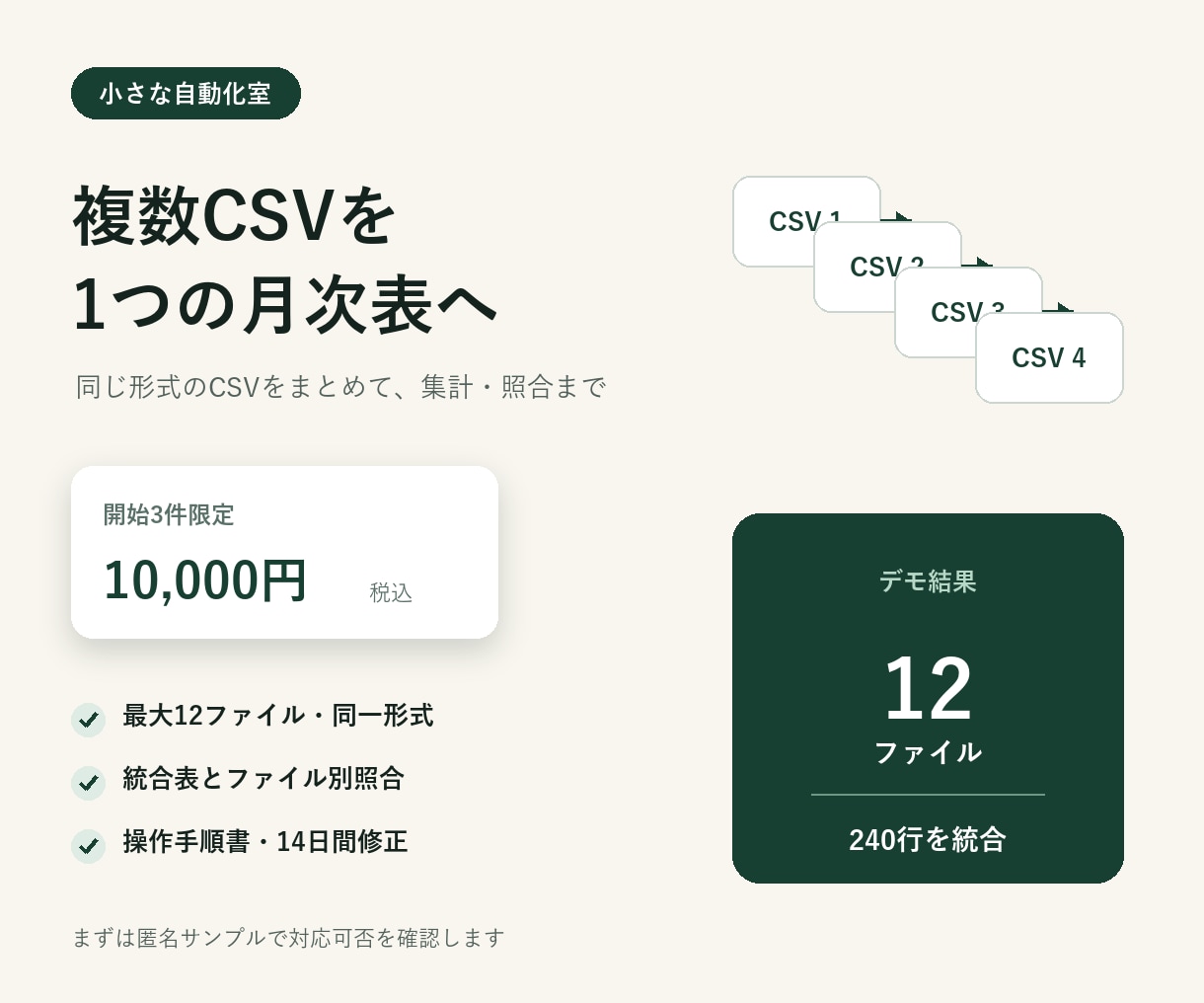複数CSVを1つの月次表へ自動集計します 最大12ファイル。統合・照合・集計表まで対応 イメージ1