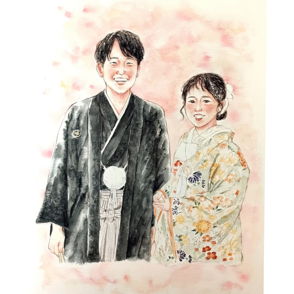 手描きの温かい似顔絵を水彩でお描きします 還暦祝いや米寿祝い、ウェディングにおすすめです(A4サイズ) イメージ1