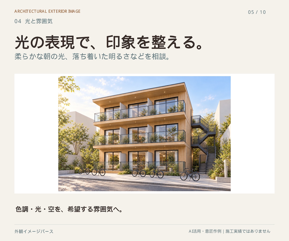 建築モデルから外観イメージパースを作ります 素材と光を整え、外観の方向性が伝わる一枚へ イメージ5