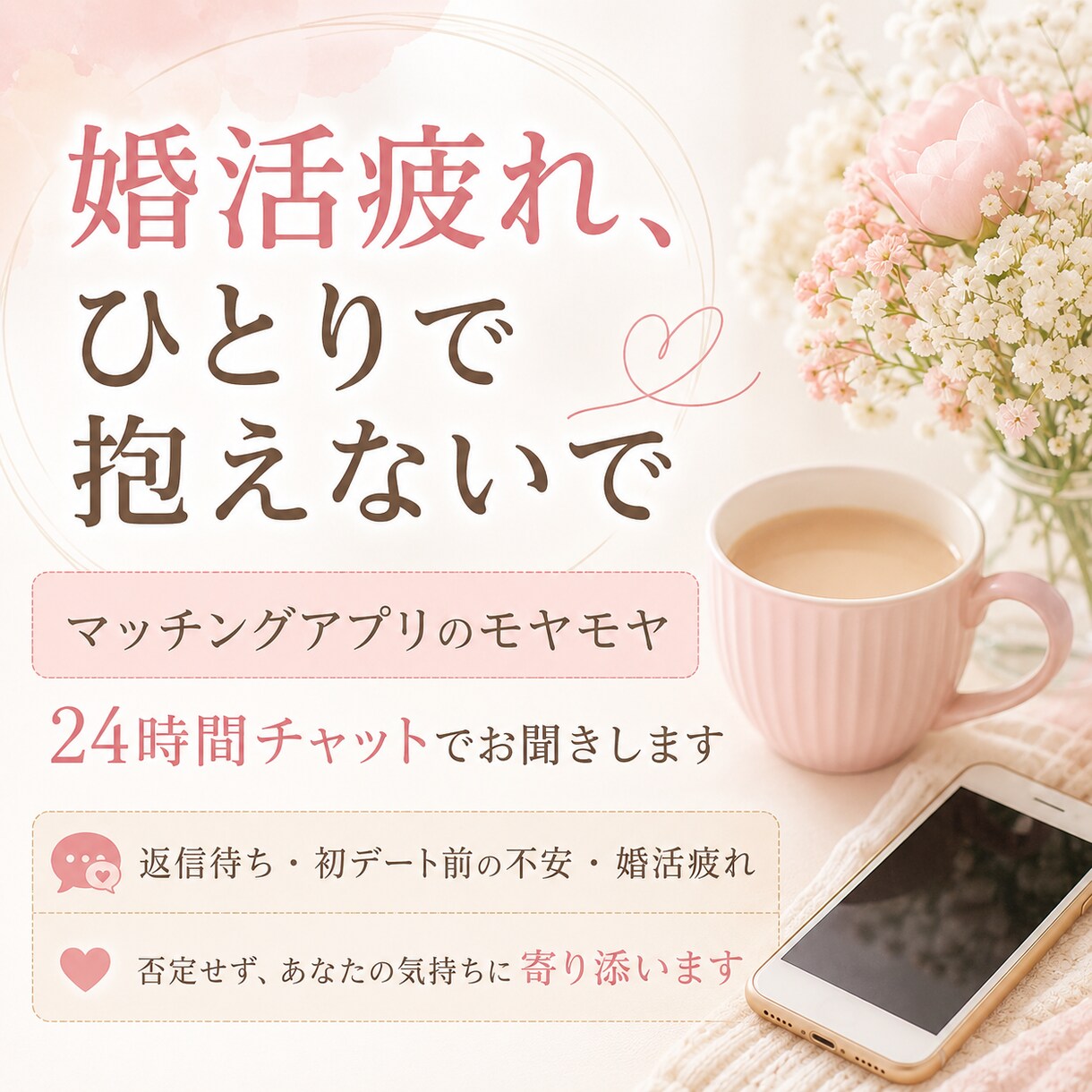 婚活などの悩みを24時間チャットで聞きます 婚活やマッチングアプリの悩み、ひとりで抱えず話しませんか？ イメージ1
