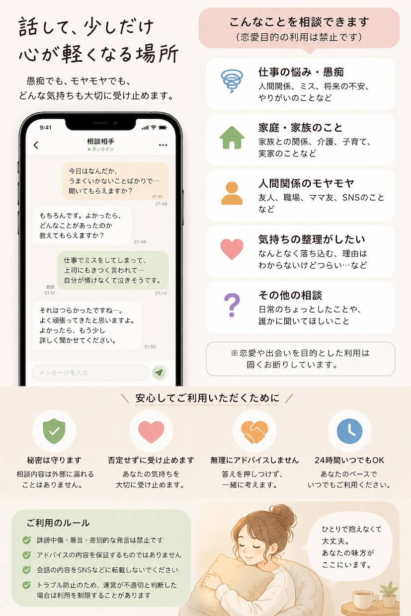 誰かに話したい気持ち聞きます しんどい時の駆け込み場所になれたら嬉しいです イメージ2