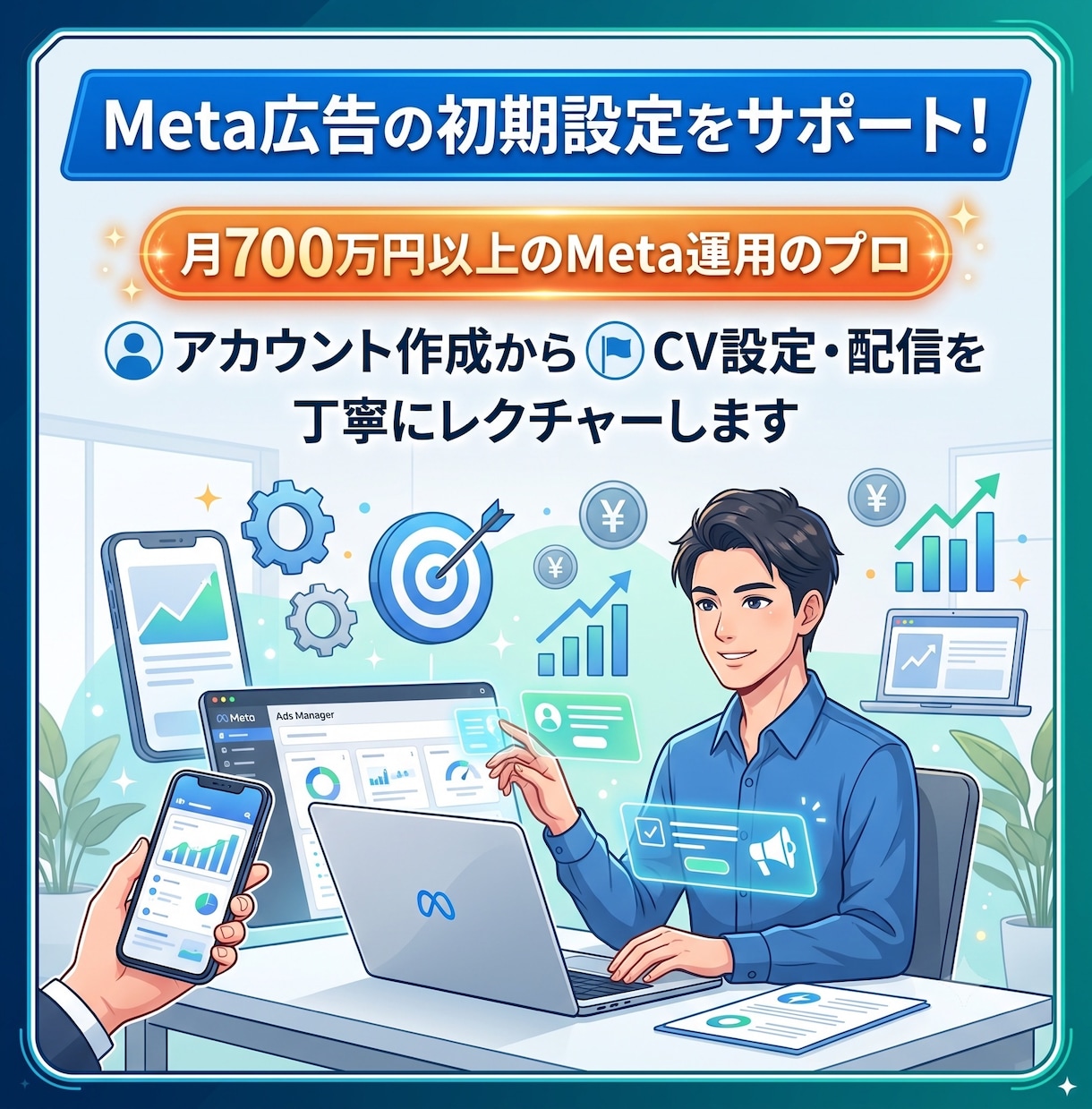 Meta広告の初期設定をサポートします 月700万円〜運用をしているMetaのプロがサポートします。 イメージ1