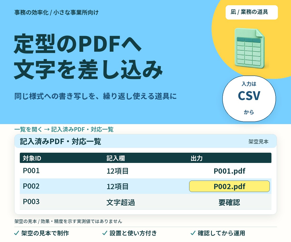 一覧の文字を定型PDFへ自動入力します 同じ様式への書き写しを、繰り返し使える道具に イメージ1