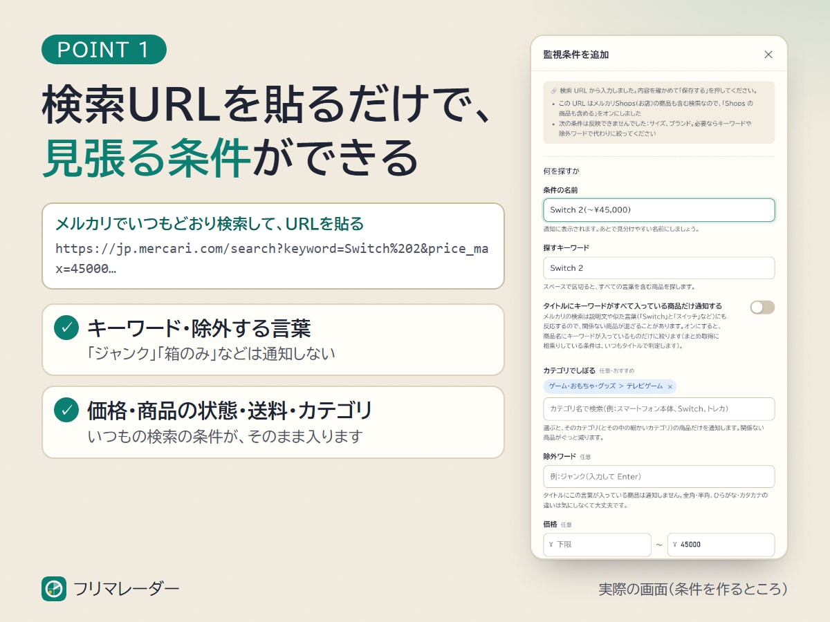 メルカリの新着をAIで絞って数秒で通知します 条件10個・AI判定 月1万件。新着を数秒でスマホに通知 イメージ2