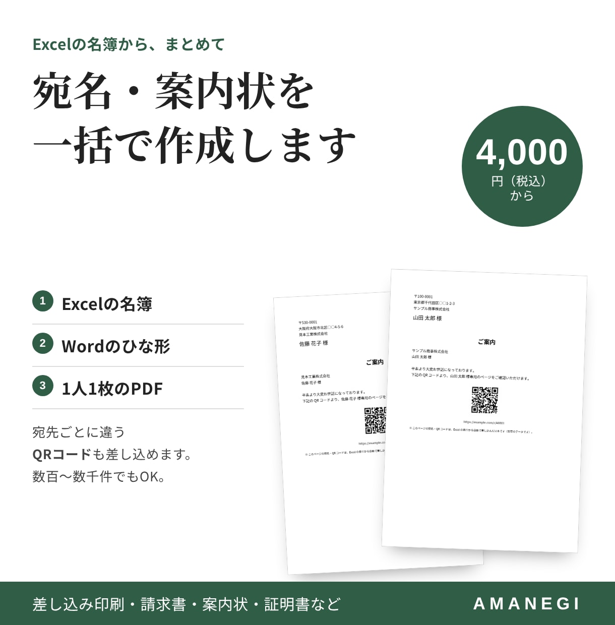 Excel名簿から宛名・案内状を一括作成します 差し込み印刷もQRコード入りも。数千件でもPDFで納品 イメージ1