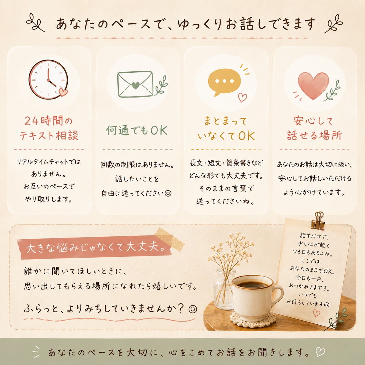 誰かに話したい、そんな時に文字でお話聞きます 愚痴・モヤモヤ・相談、あなたに合った聞き方を選べます イメージ3