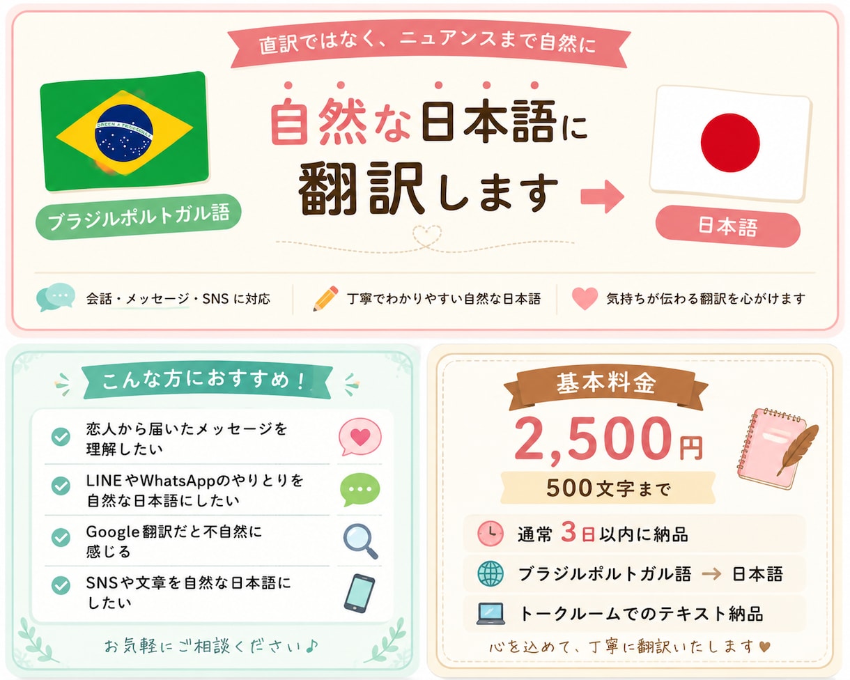 ブラジルポルトガル語を自然な日本語に翻訳します 直訳ではなく気持ちまで伝わる自然な翻訳 イメージ1