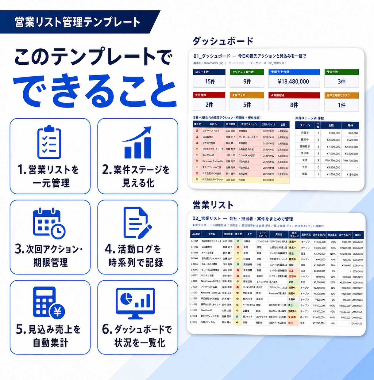 Excel営業リスト・案件管理テンプレを販売します 営業案件・活動・見込みをExcelで一元管理 イメージ2