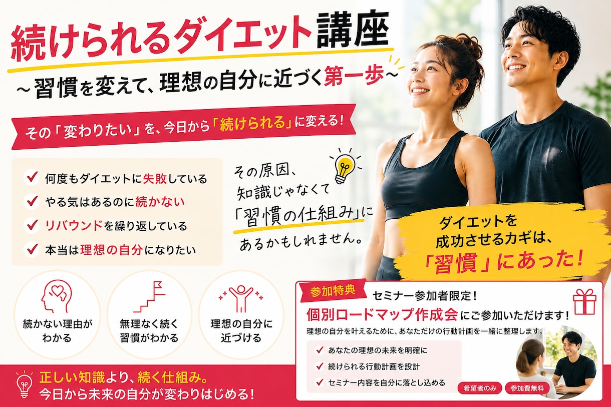 ダイエットに関する知識と継続する方法をお伝えします 続けられるダイエット講座 ～理想の自分に近づく第一歩～ イメージ1