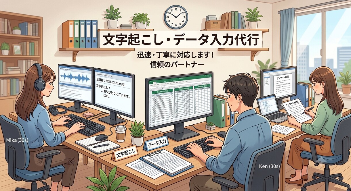 文字起こし・データ入力を行います 皆様の時間を少しでも有意義に活用できるように努めます。 イメージ1