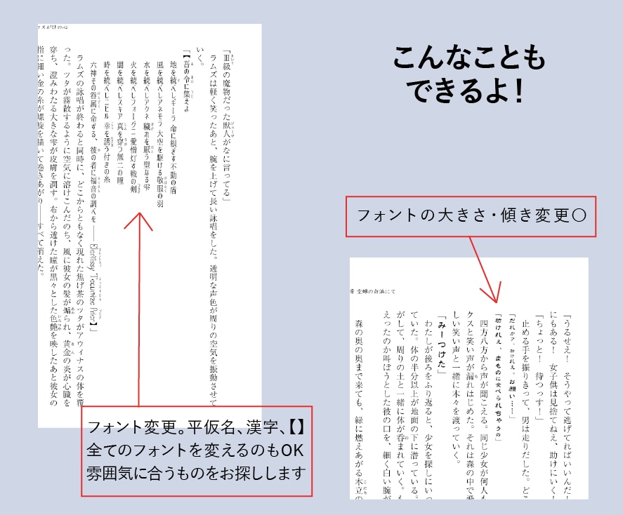 同人誌の本文組版・デザインします 一般的なデザインから設定集などのこだわり特殊ページまで！ イメージ3