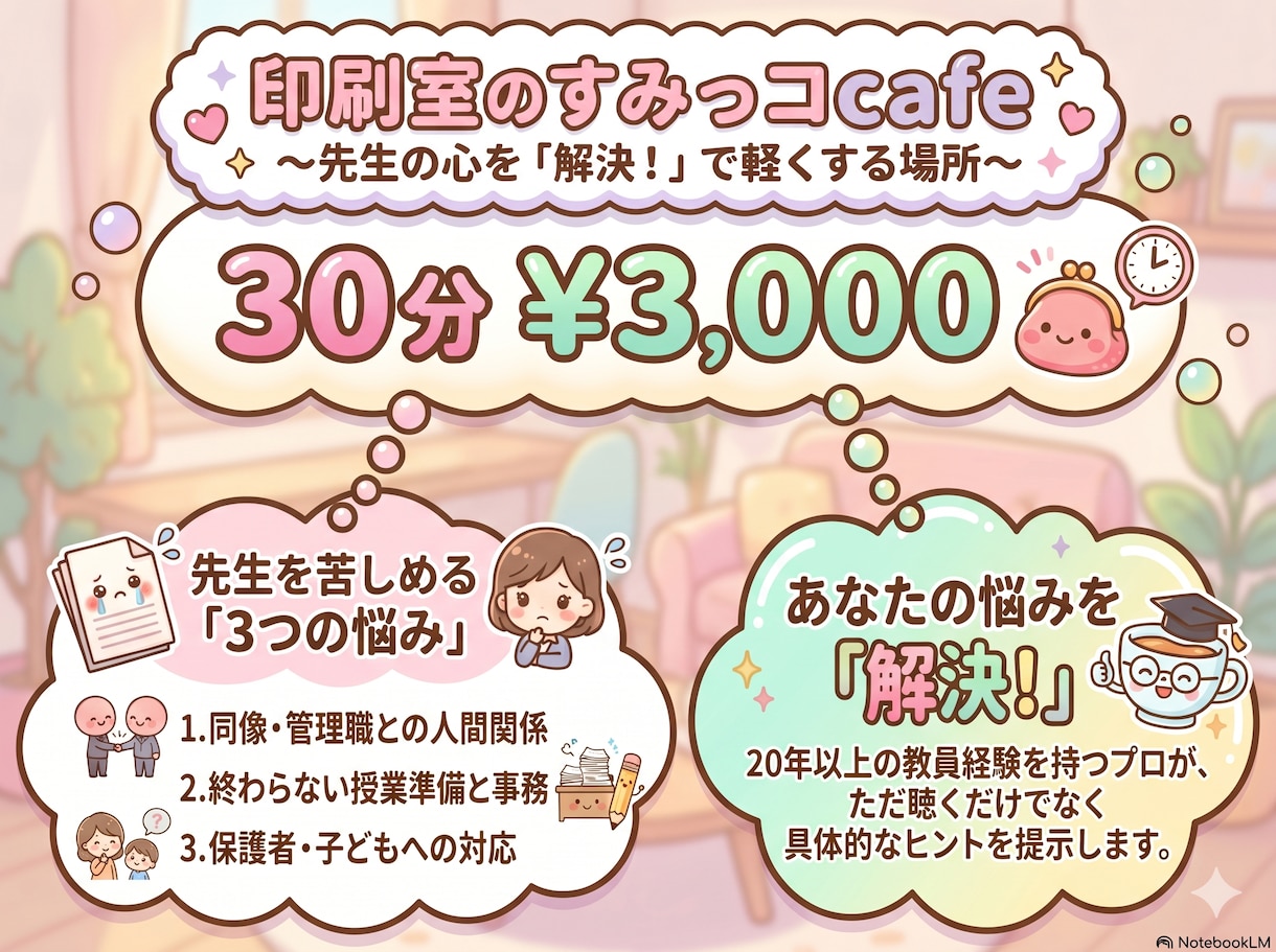 教師の悩み、印刷室のすみっコcafeで聞きます 小学校の先生専用の、悩みをはき出すcafeができました。 イメージ1