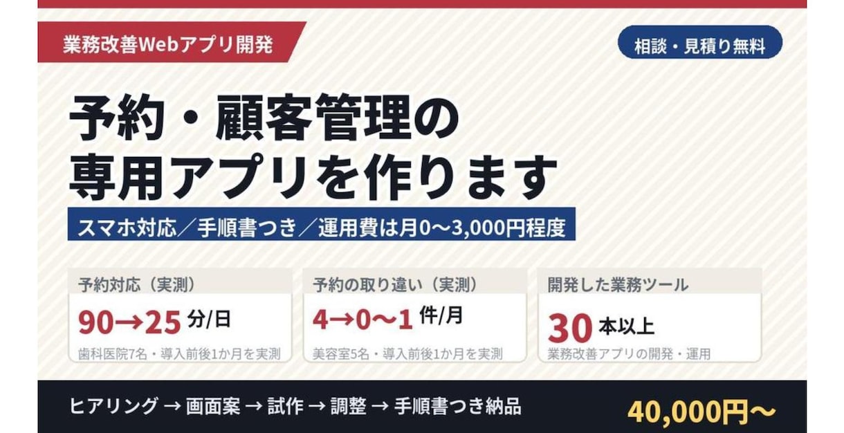 予約・顧客管理の専用Webアプリを作ります スマホ対応・手順書つき。運用費は月0〜3,000円程度です イメージ1
