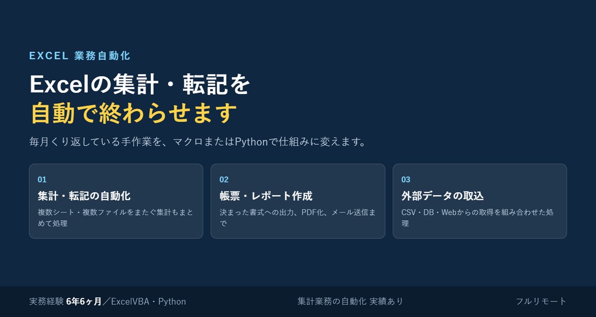 Excelの集計・転記をマクロで自動化します くり返しの手作業をVBAやPythonで仕組みに変えます イメージ1