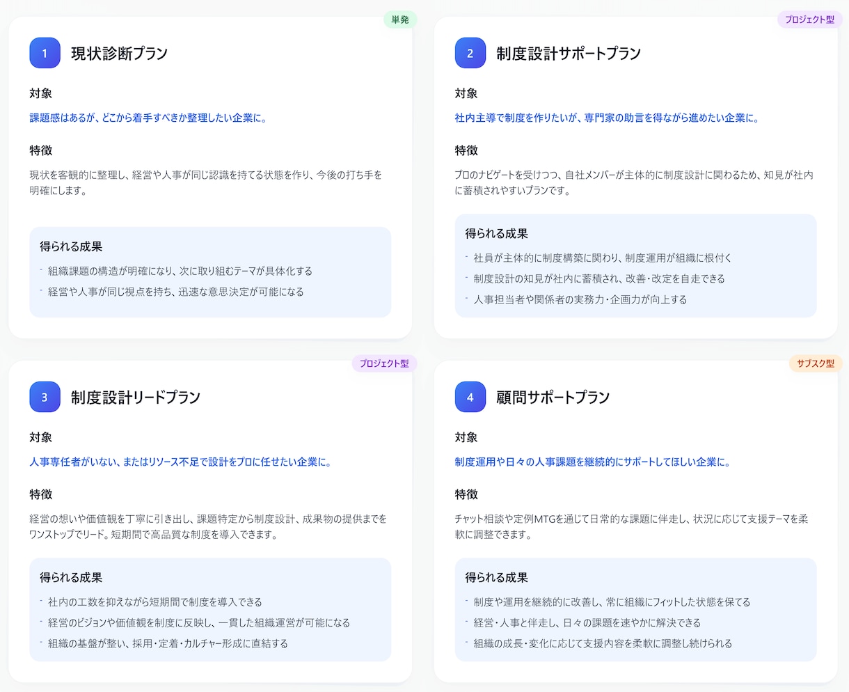 組織課題特定から制度の設計・運用構築まで支援します まずは状況を診断し、個社にあわせてカスタマイズ提案します イメージ2
