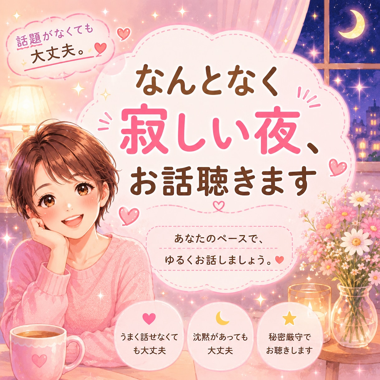 なんとなく寂しい夜のお話し相手になります ただ誰かと繋がりたい夜に、気を使わず、ゆるくお話しください イメージ1