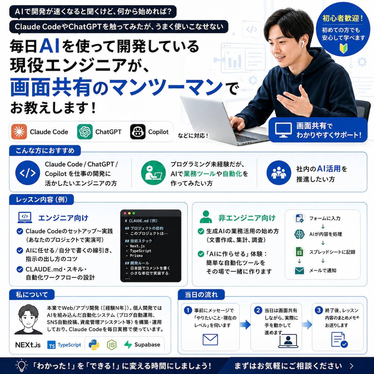 あなたのClaudeスキルをハンズオンで伸ばします 作業が10倍速に|画面共有でAIコーディングを実践レッスン イメージ1