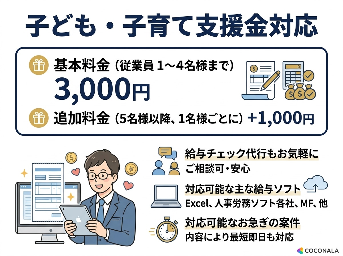 子ども・子育て支援金対応／給与計算代行します ​現役人事担当がバックオフィス業務負担軽減をお手伝いします。 イメージ2