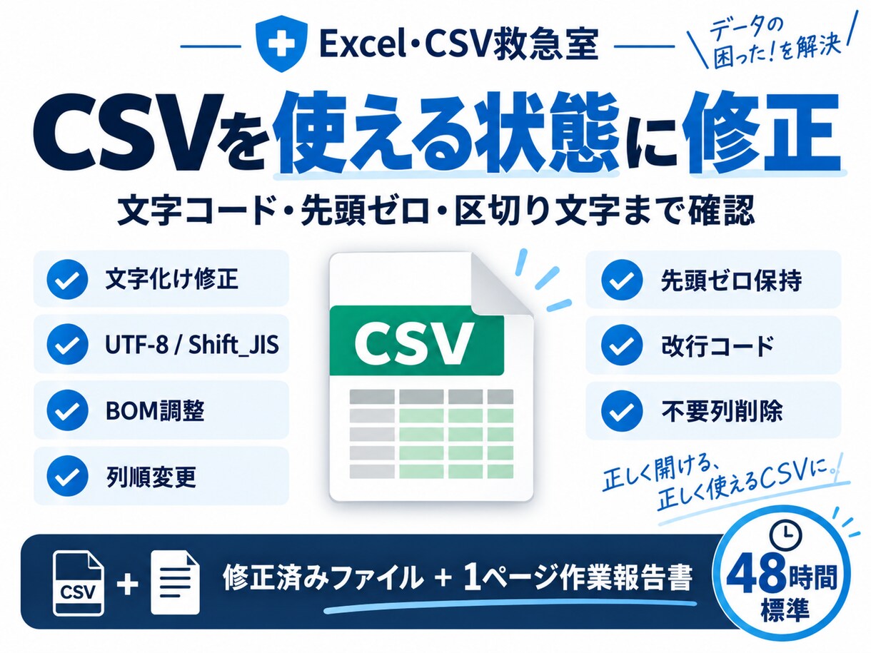 CSVの文字化け・形式エラーを修正します 開けない・取込できないCSVを使える形に整えます イメージ3