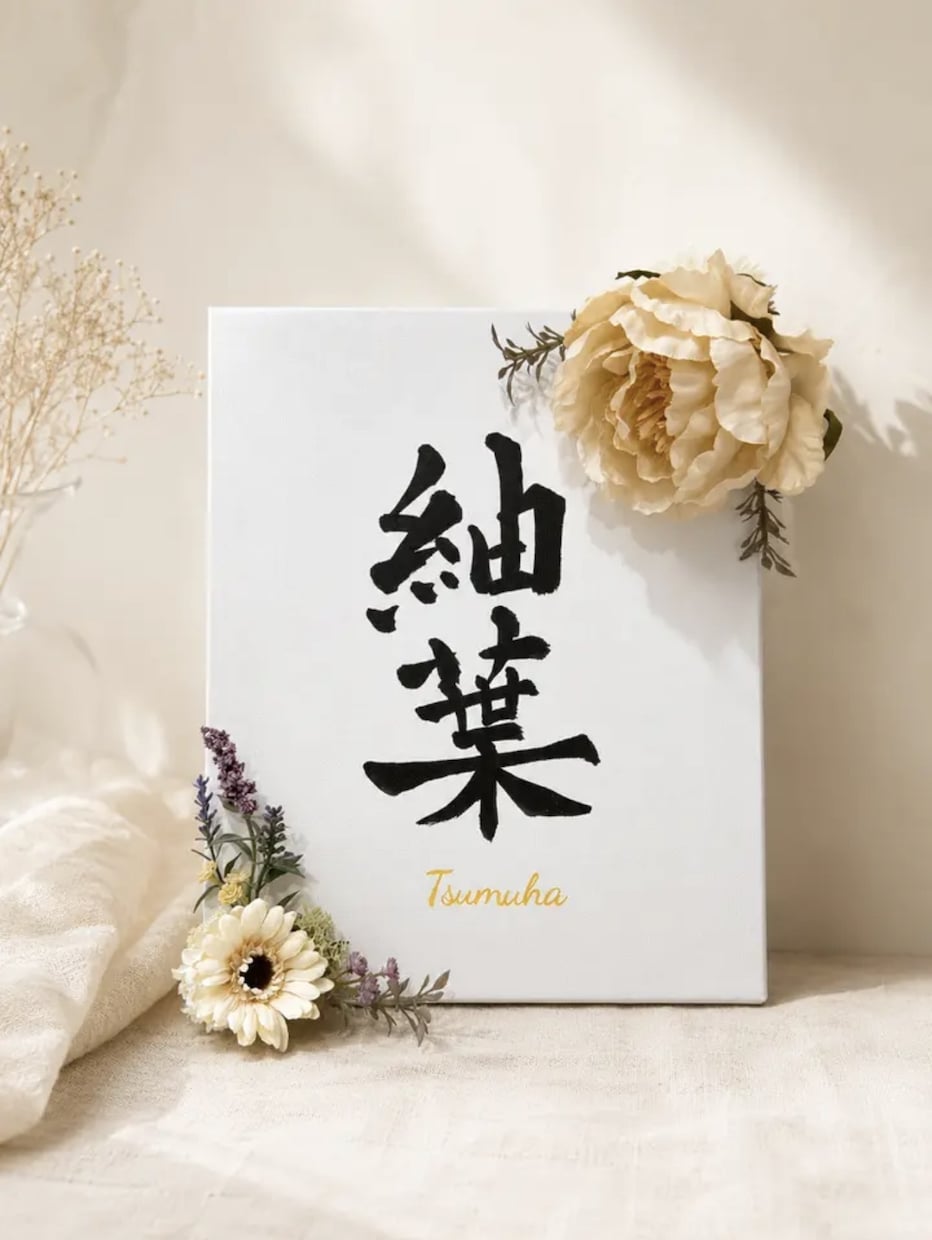 書道師範が花飾りキャンバス命名書をお作りします 直筆の書×花飾り｜世界にひとつのインテリア命名書 イメージ3