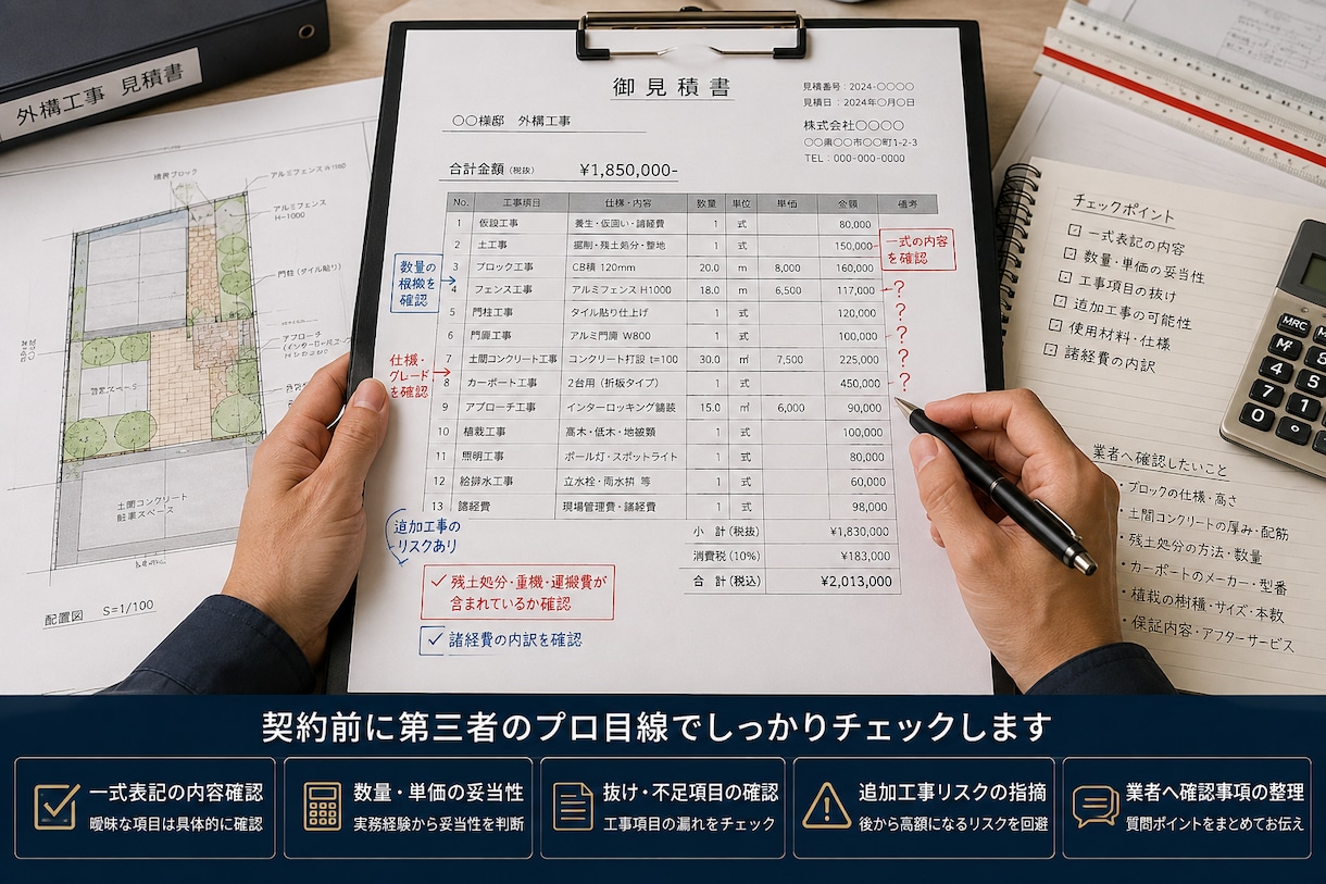 外構見積を契約前にプロ目線で診断します CAD・見積・施工30年以上の実務経験で確認します イメージ3