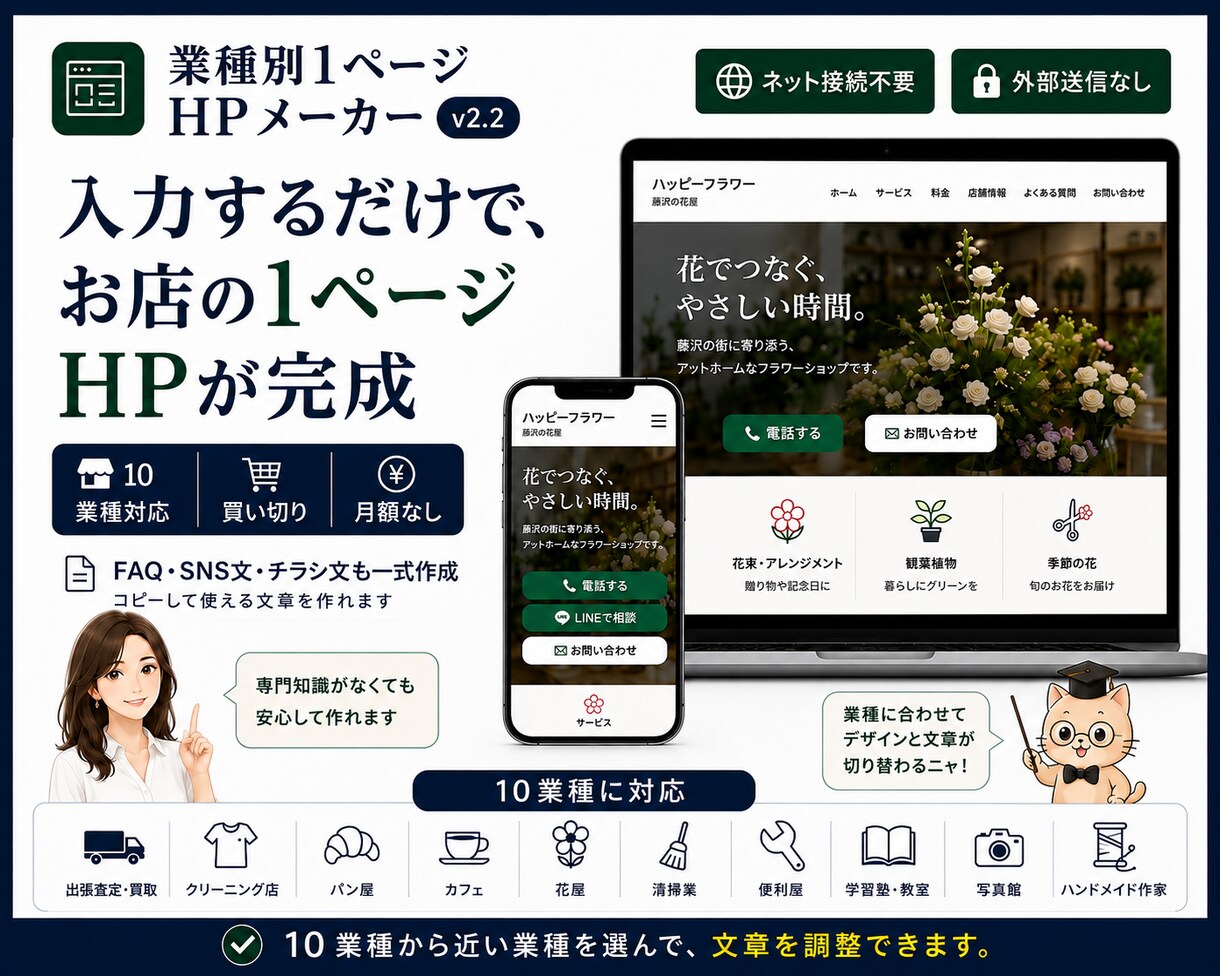 簡単にホームページ内容を作成するキットご用意します お店の名前・地域・電話番号を入れるだけで1ページHP原稿完成 イメージ2