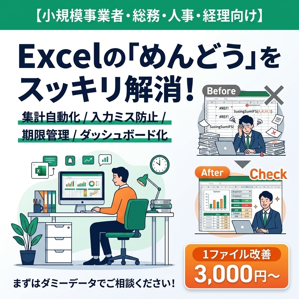 既存Excelの自動集計を改善しますます 総務・人事・経理の入力ミスや手間を削減 イメージ1